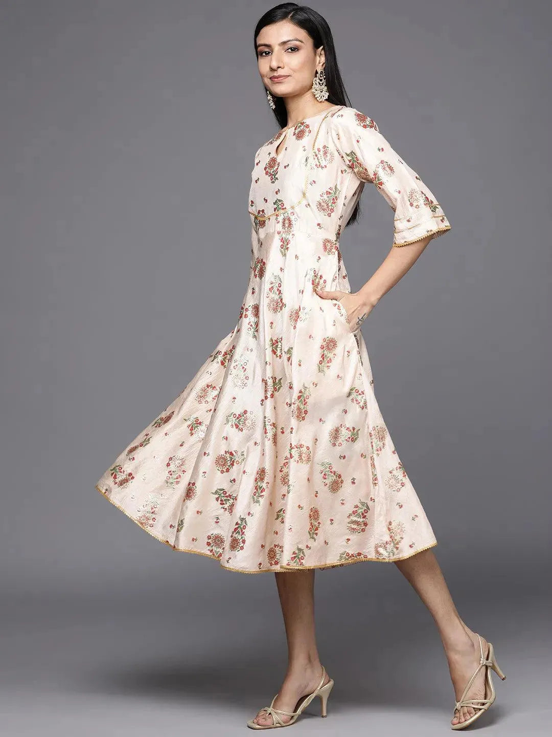 Beige Printed Silk Empire Dress - Libas 