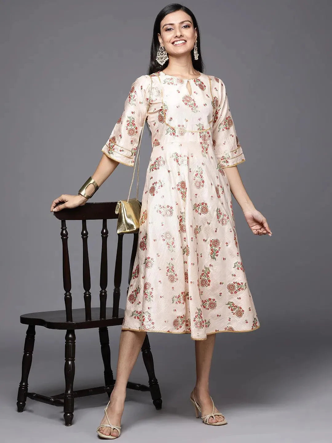 Beige Printed Silk Empire Dress - Libas 