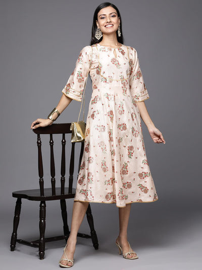 Beige Printed Silk Empire Dress - Libas