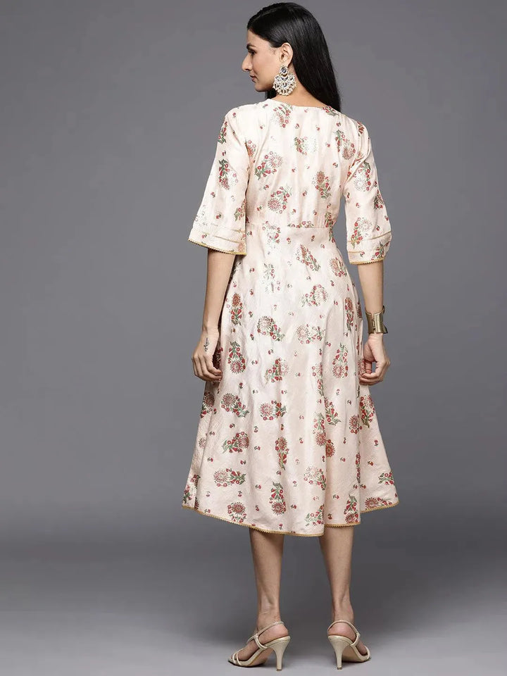 Beige Printed Silk Empire Dress - Libas