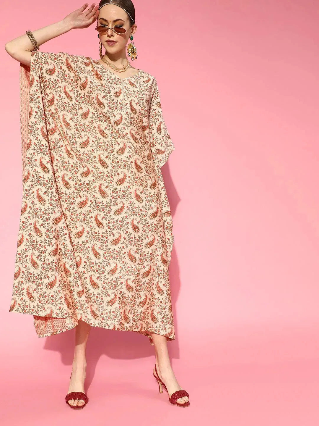 Beige Printed Silk Kaftan Dress - Libas