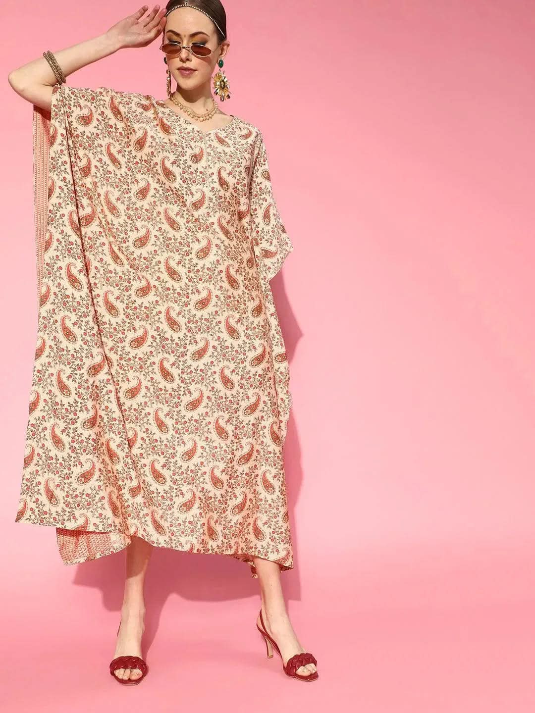 

Buy Beige Printed Silk Kaftan Dress - 23467O- | Libas Ethnic Wear Online