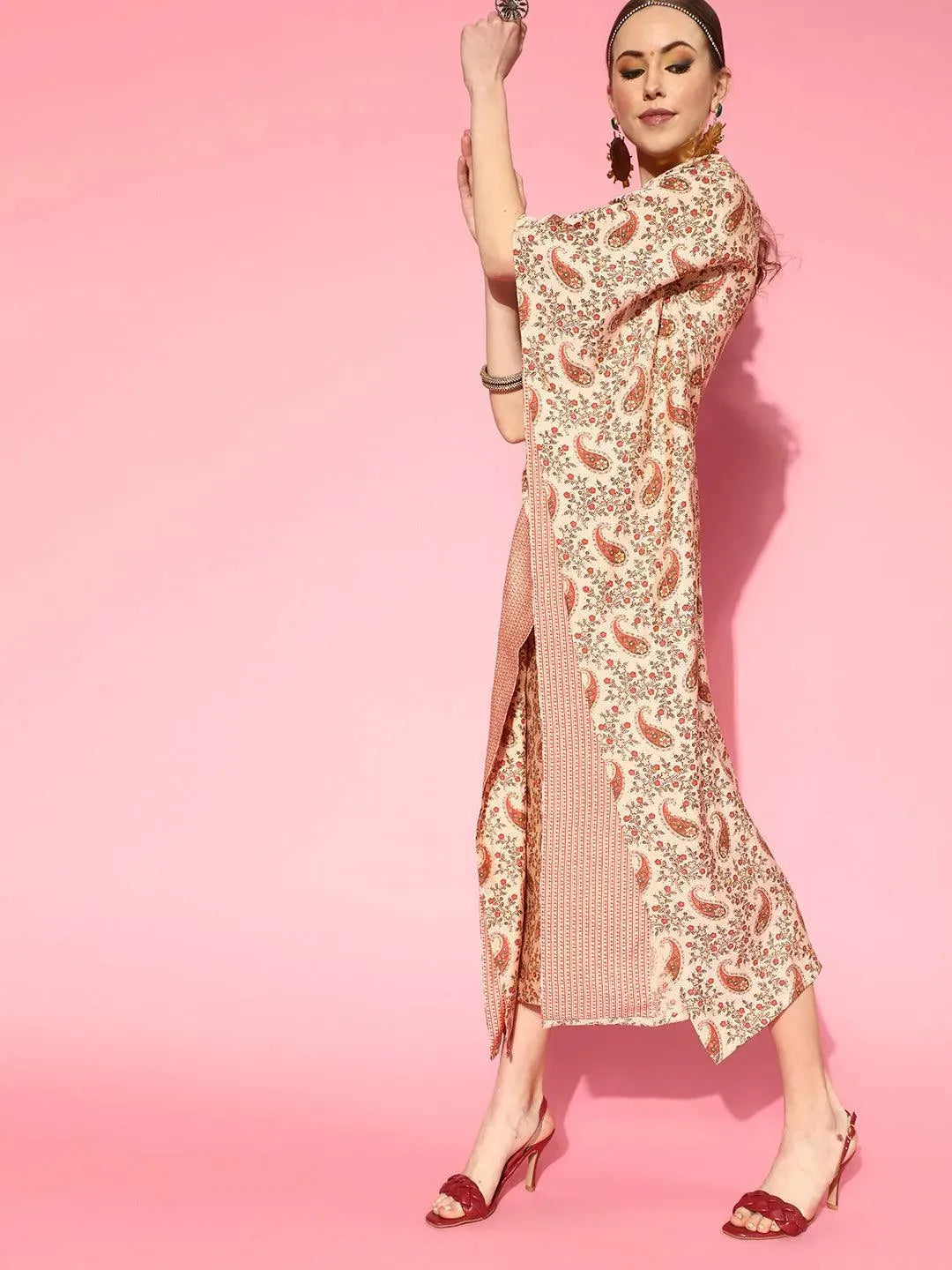 

Buy Beige Printed Silk Kaftan Dress - 23467O-XS | Libas Ethnic Wear Online