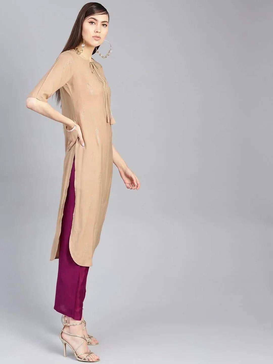 

Beige Printed Silk Pathani Kurta With Palazzos
