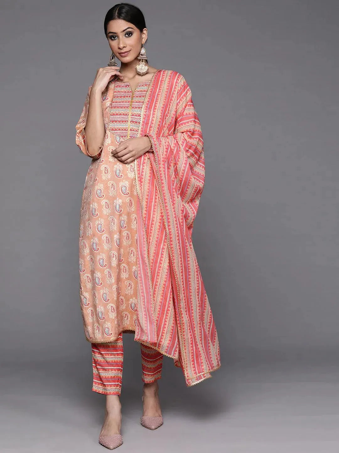 Beige Printed Silk Suit Set - Libas