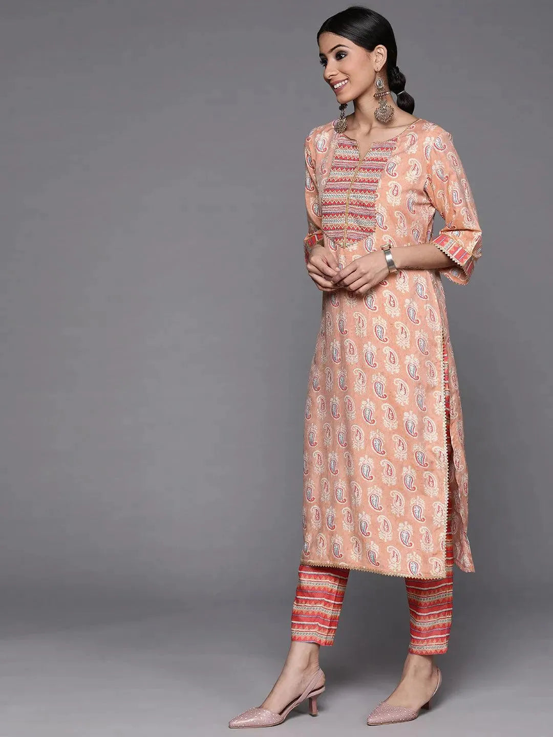 Beige Printed Silk Suit Set - Libas