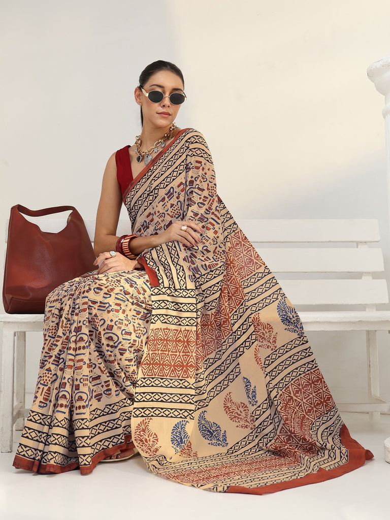 Libas Beige Quirky Bagru Print Cotton Saree