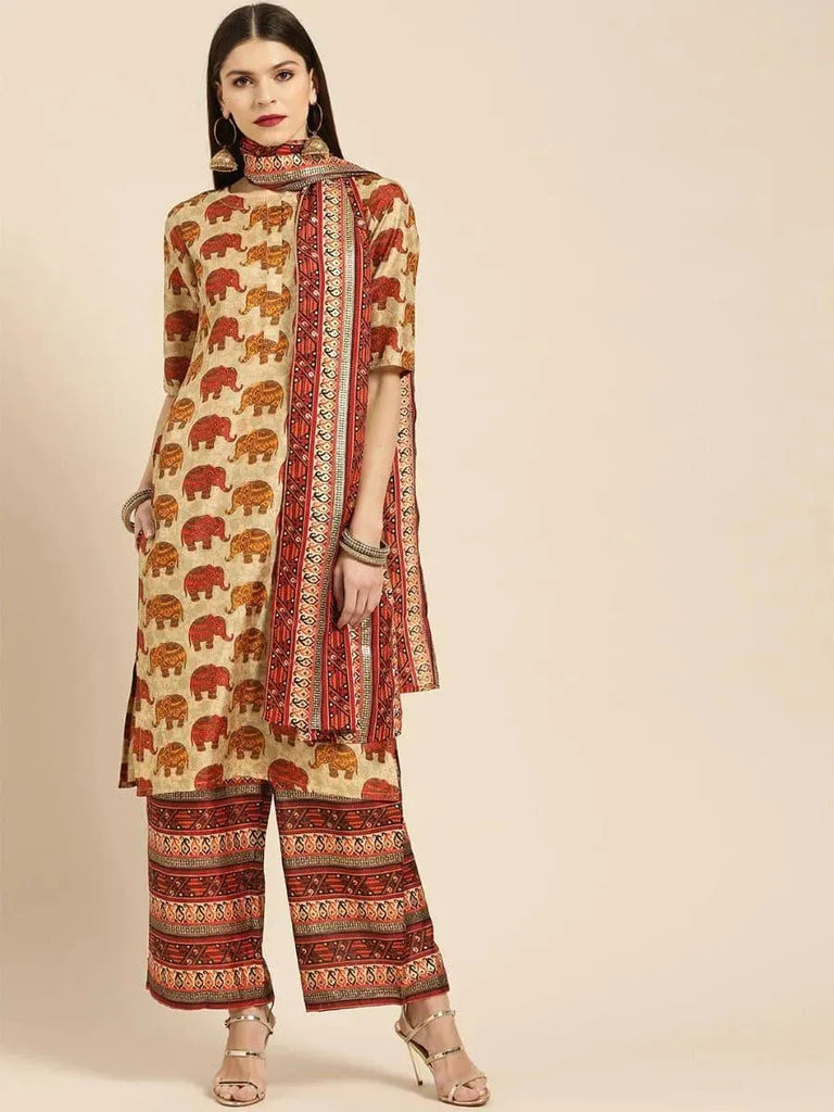Libas Beige Self Design Chanderi Silk Straight Kurta With Palazzos & Dupatta