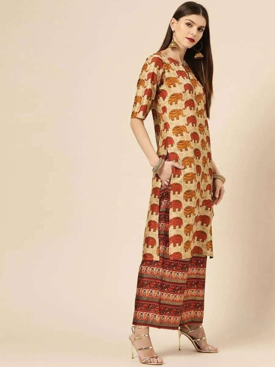 Beige Self Design Chanderi Suit Set - Libas 