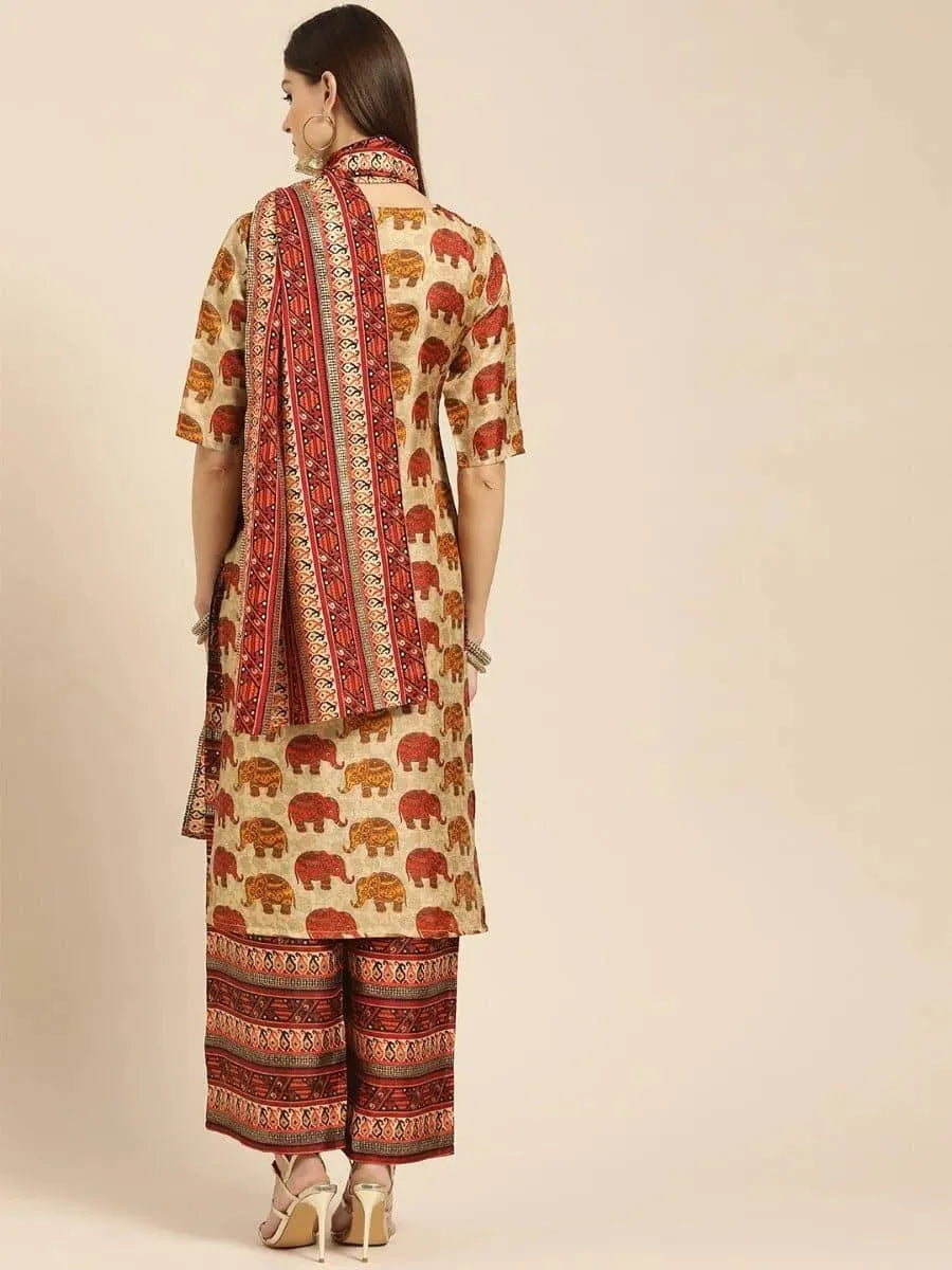 Beige Self Design Chanderi Suit Set - Libas 