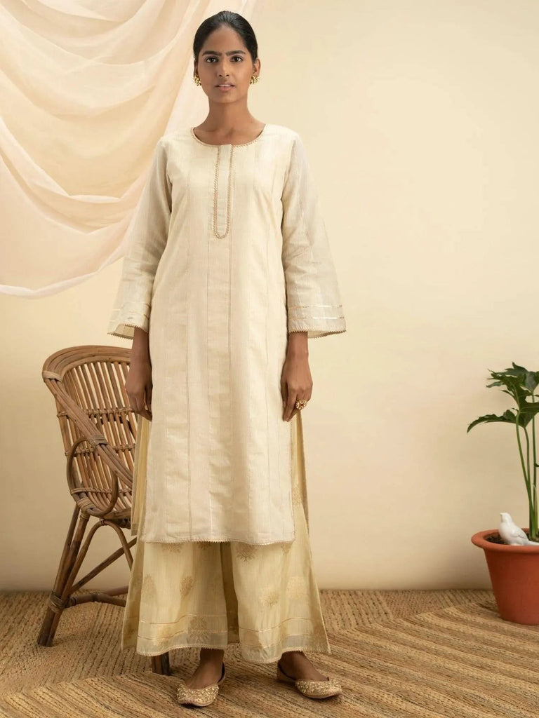 Libas Beige Self Design Chanderi Silk Straight Kurta With Palazzos