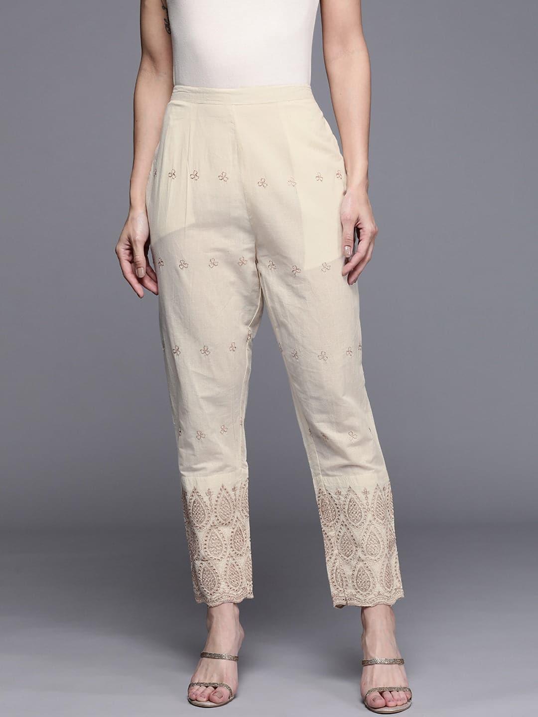Beige Self Design Cotton Trousers