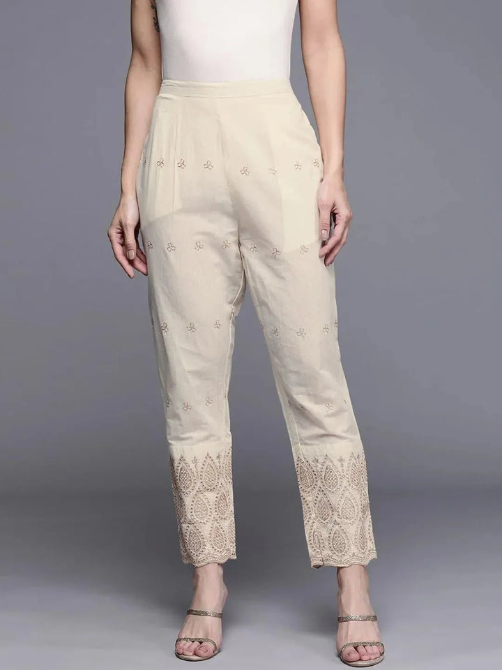 Beige Self Design Cotton Trousers - Libas