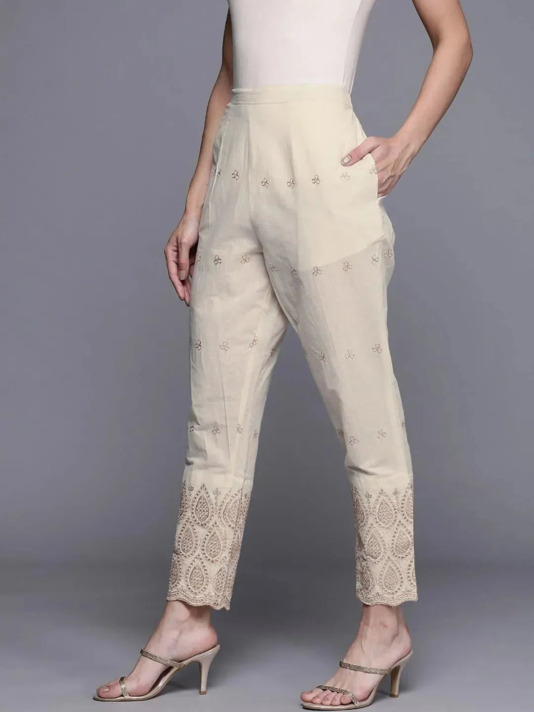 Beige Self Design Cotton Trousers - Libas