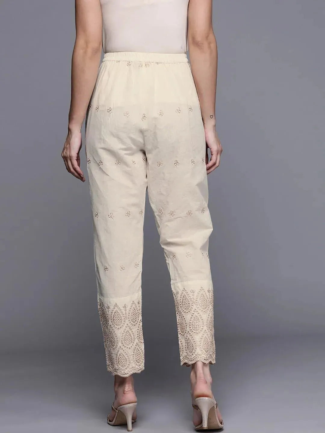 Beige Self Design Cotton Trousers - Libas 
