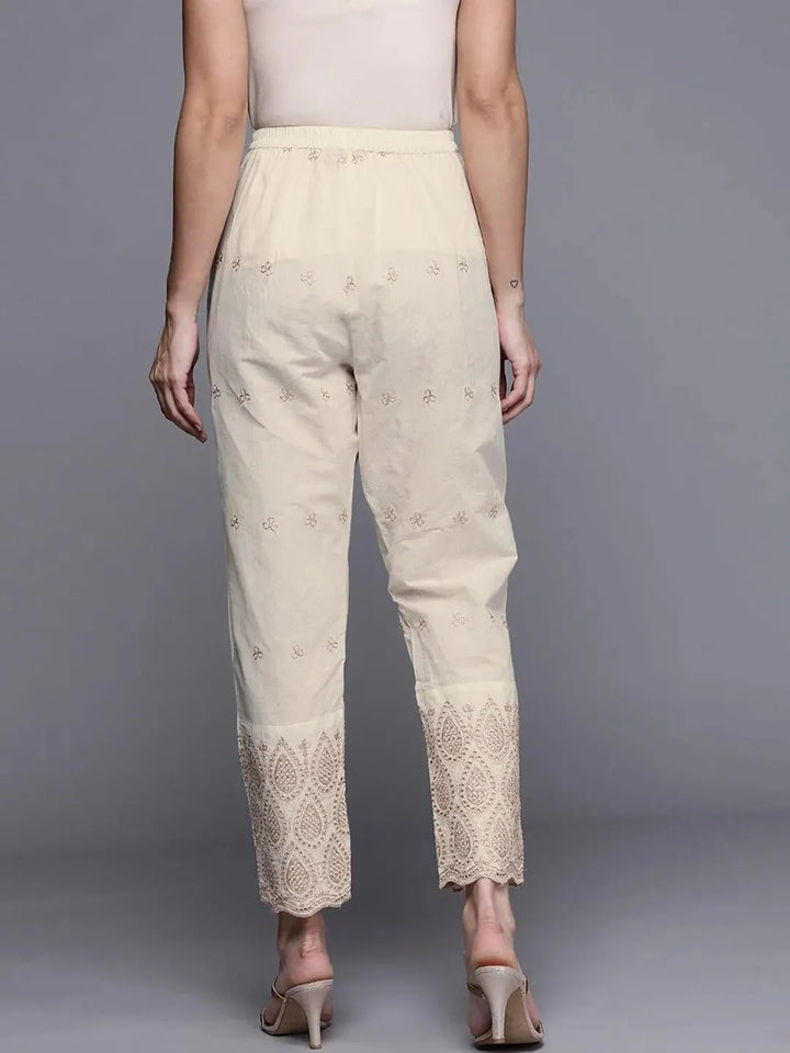 Beige Self Design Cotton Trousers - Libas