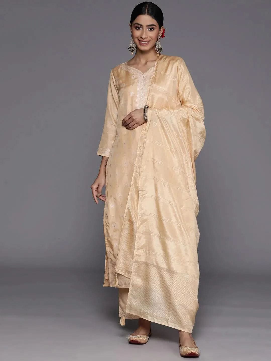 

Beige Self Design Silk Blend Straight Kurta With Trousers & Dupatta