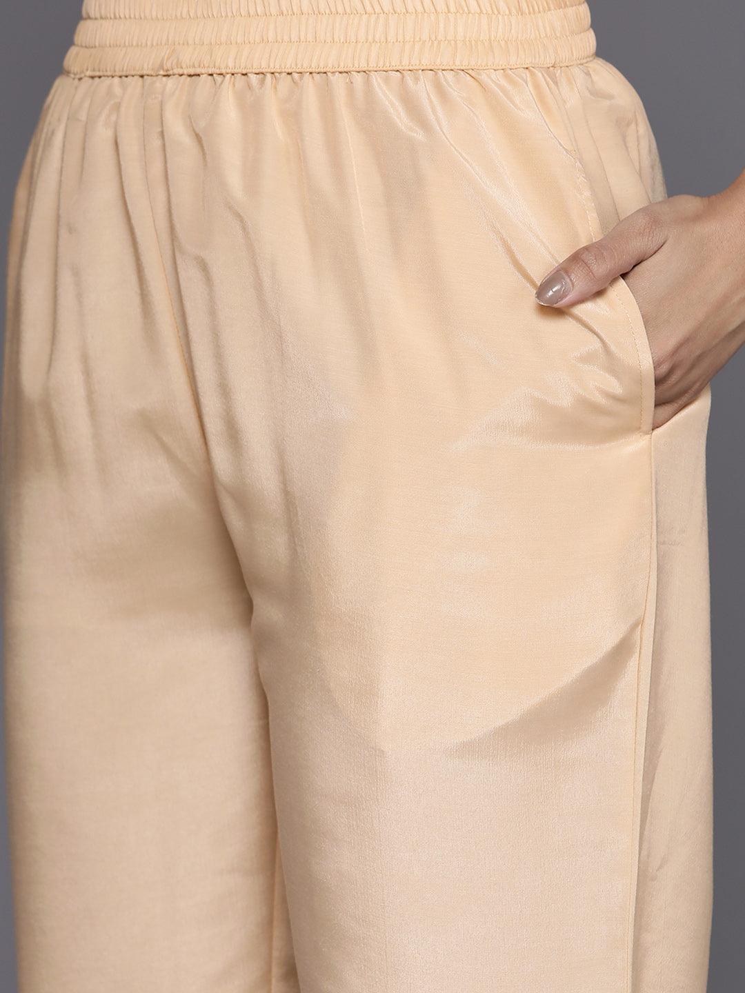 Beige Self Design Silk Blend Straight Kurta With Trousers & Dupatta