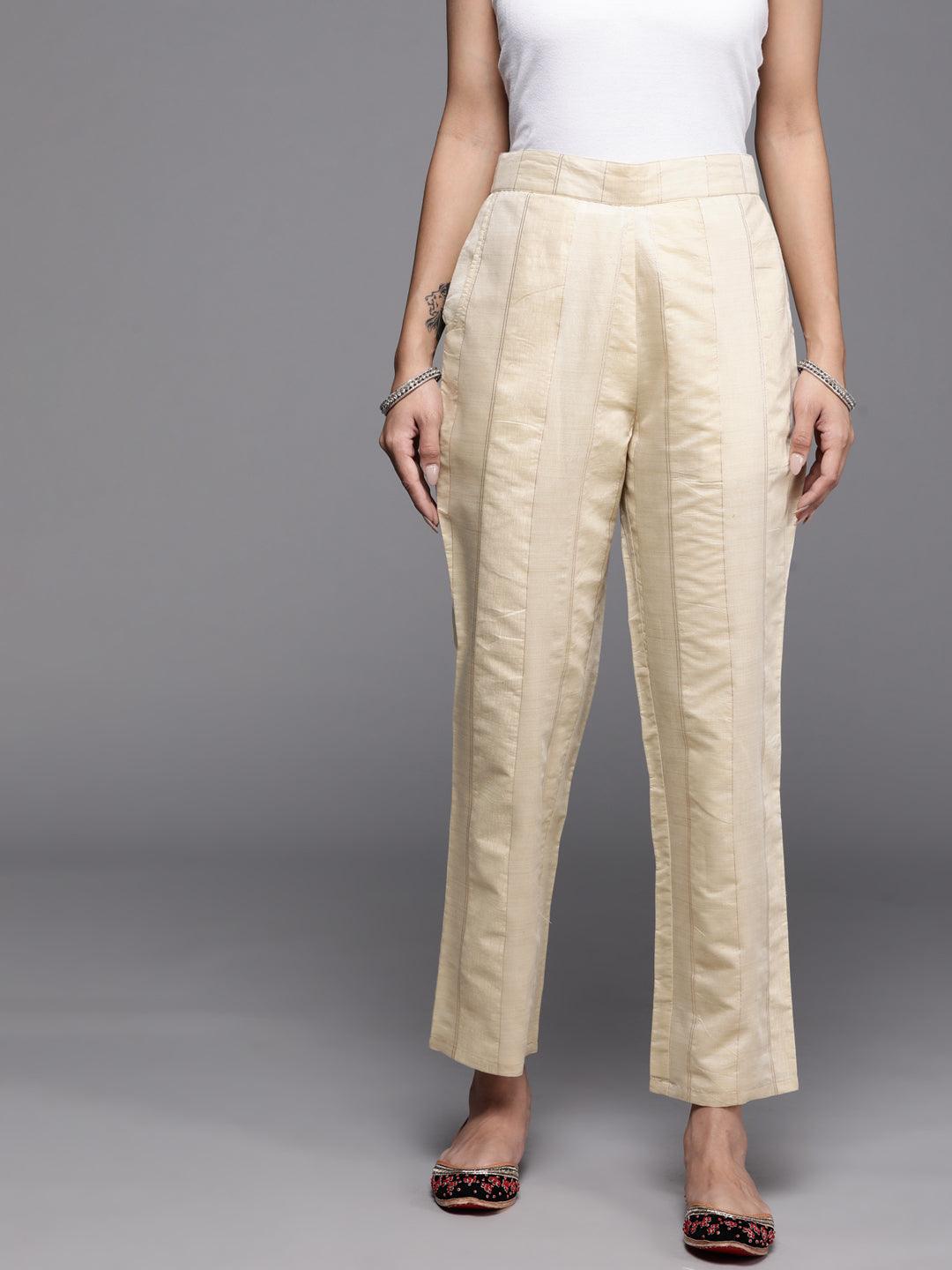Beige Self Design Silk Trousers