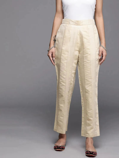 Beige Self Design Silk Trousers - Libas