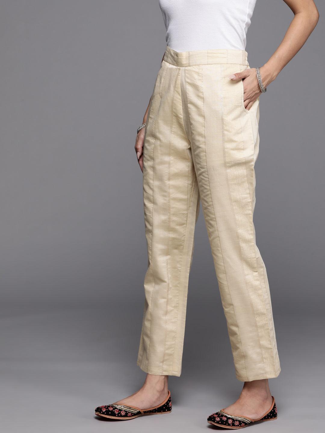 Beige Self Design Silk Trousers