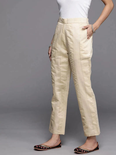Beige Self Design Silk Trousers - Libas