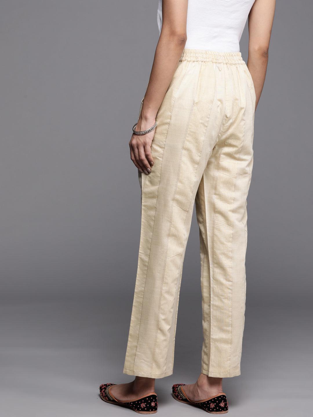 Beige Self Design Silk Trousers - Libas