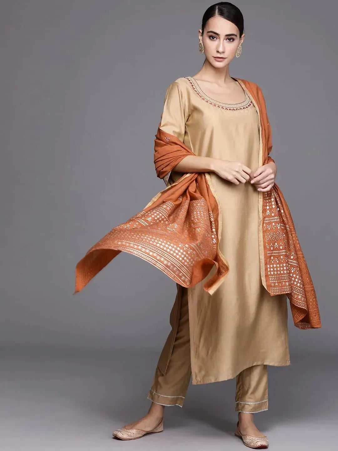 Beige Solid Chanderi Silk Suit Set - Libas