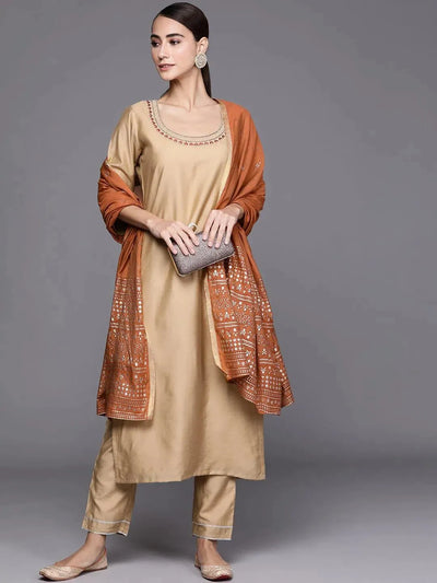 Beige Solid Chanderi Silk Suit Set - Libas