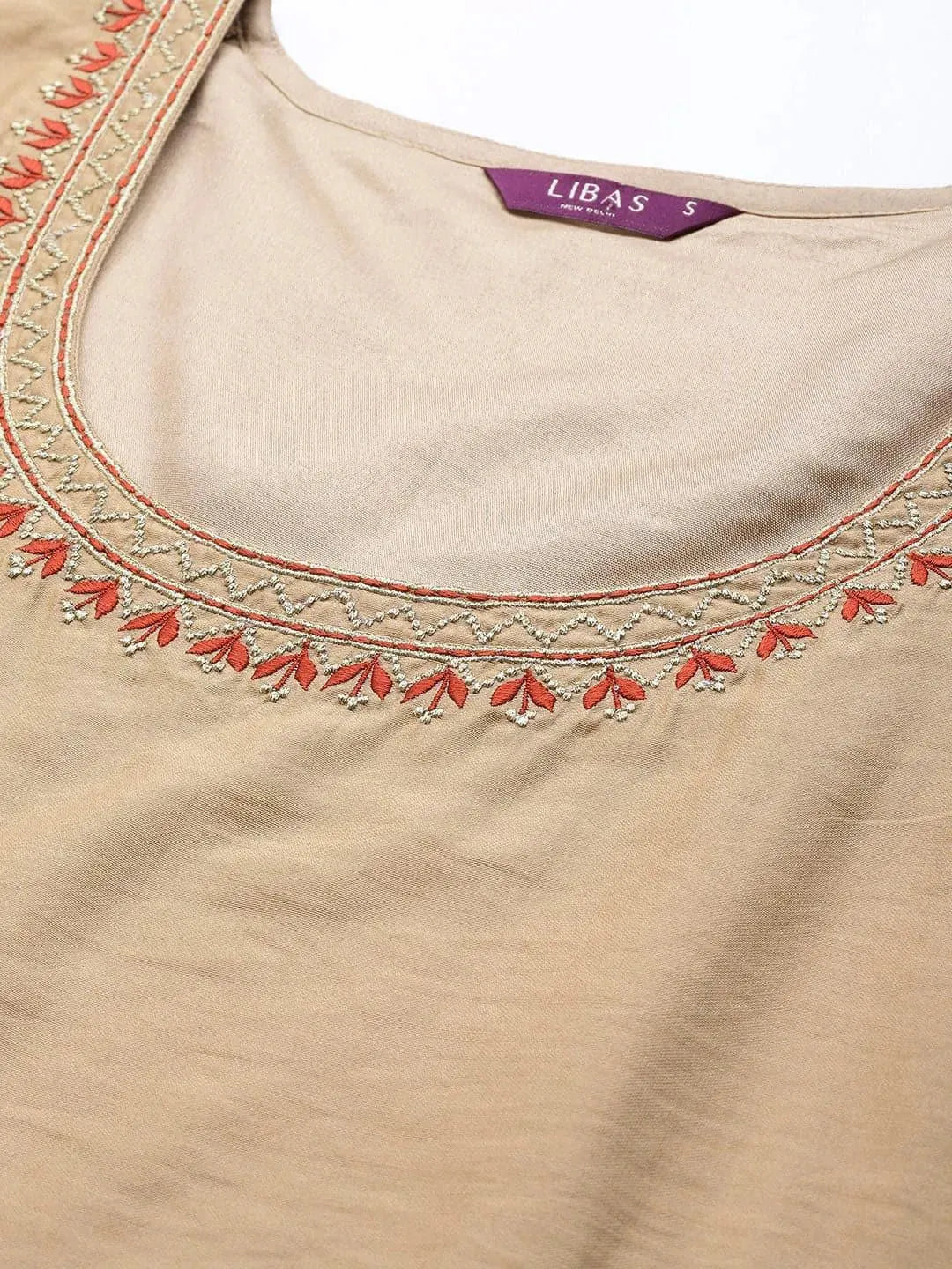 Beige Solid Chanderi Silk Suit Set - Libas 
