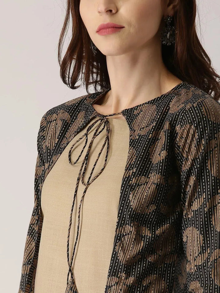 Beige Solid Cotton Kurta With Jacket - Libas