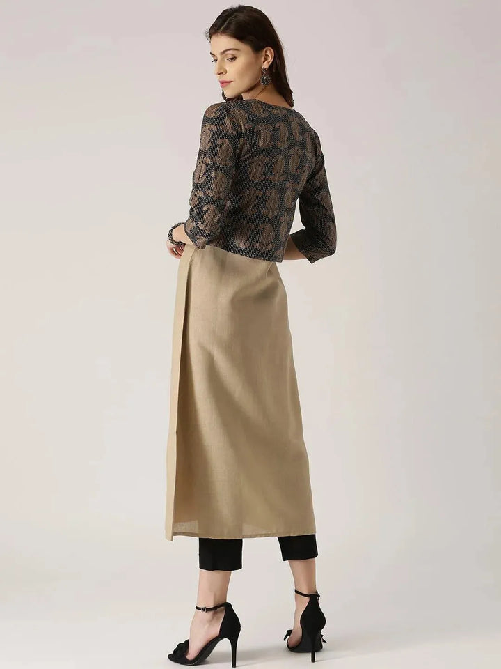 Beige Solid Cotton Kurta With Jacket - Libas