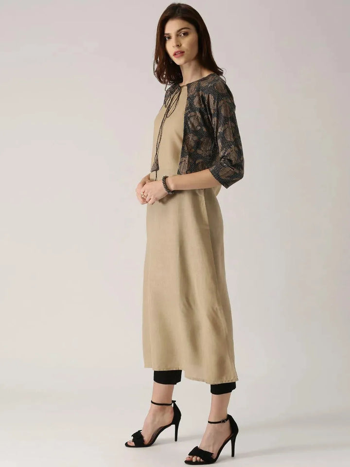 Beige Solid Cotton Kurta With Jacket - Libas