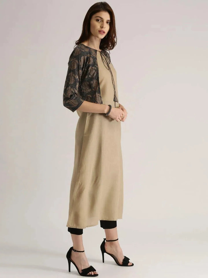 Beige Solid Cotton Kurta With Jacket - Libas