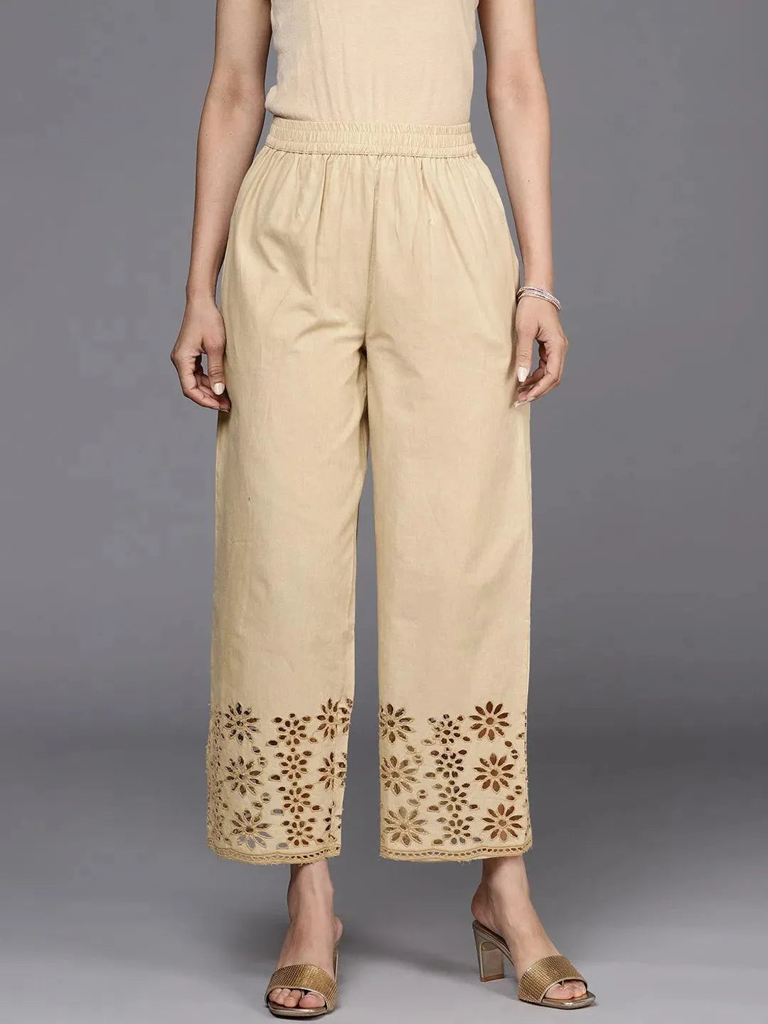 Beige Solid Cotton Palazzos - Libas