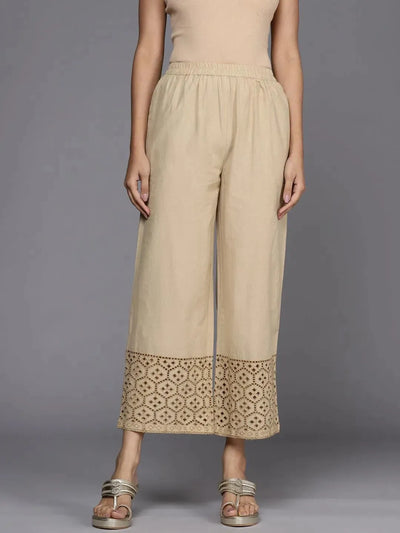 Beige Solid Cotton Palazzos - Libas