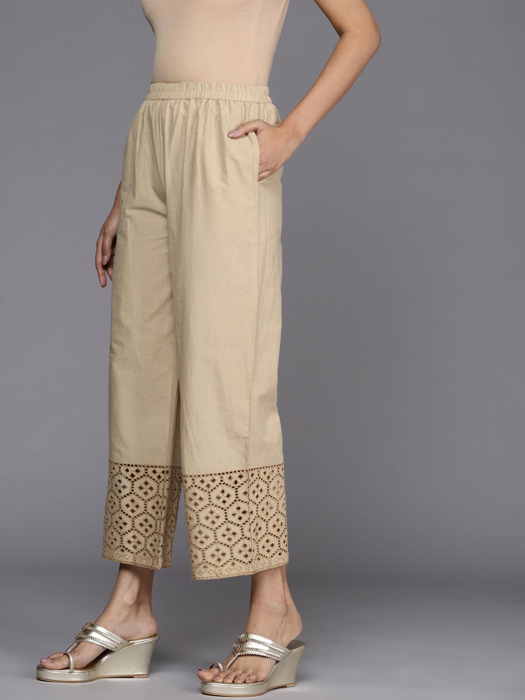 Beige Solid Cotton Palazzos