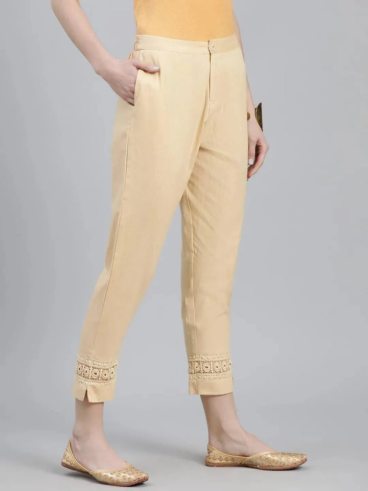 Beige Solid Cotton Palazzos - Libas