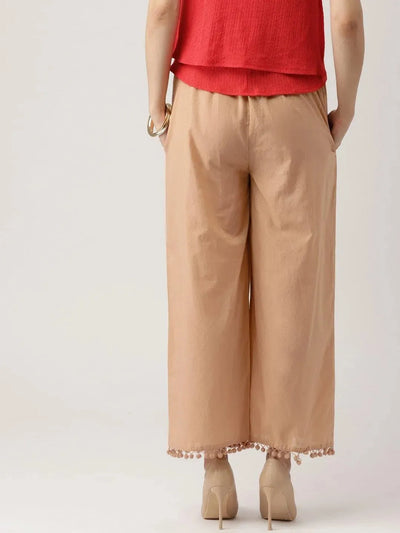 Beige Solid Cotton Palazzos - Libas