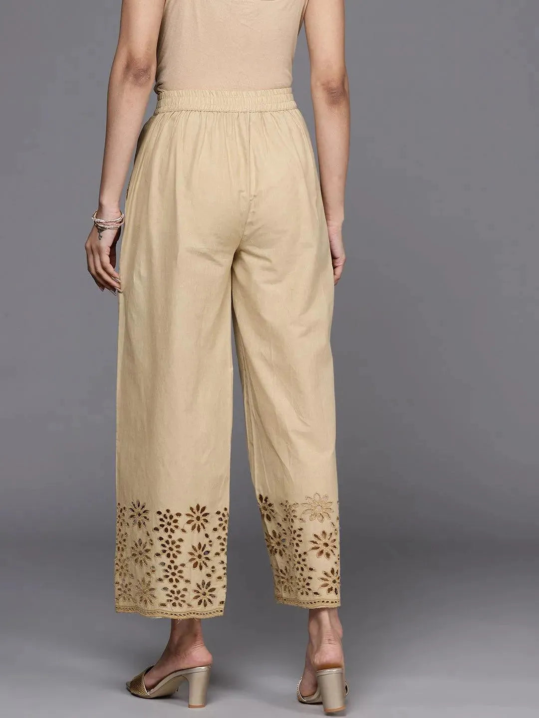 Beige Solid Cotton Palazzos - Libas 