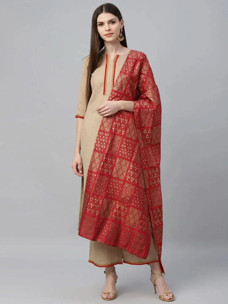 Libas Beige Solid Cotton Straight Kurta With Palazzos & Dupatta