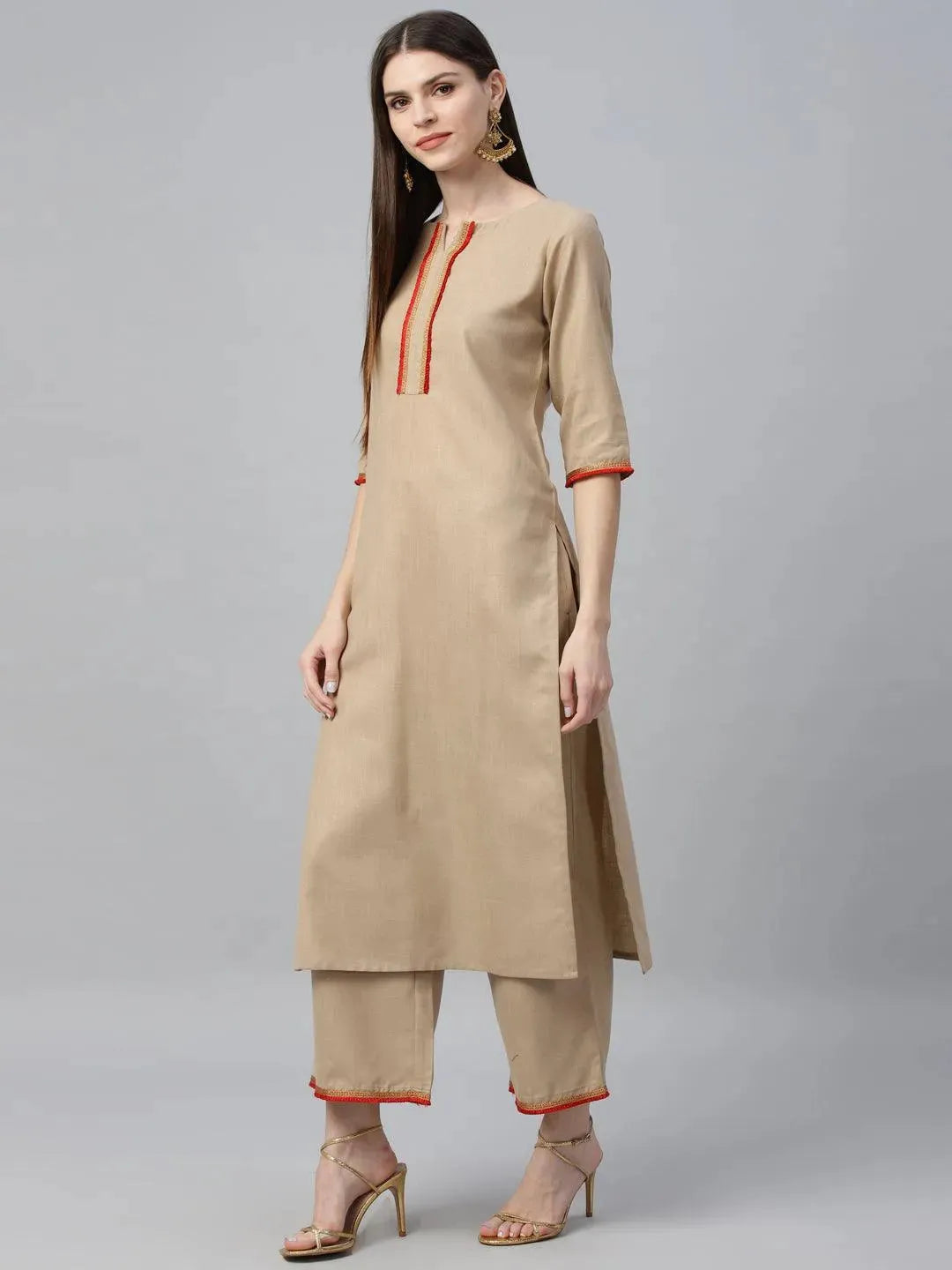 Beige Solid Cotton Suit Set - Libas 