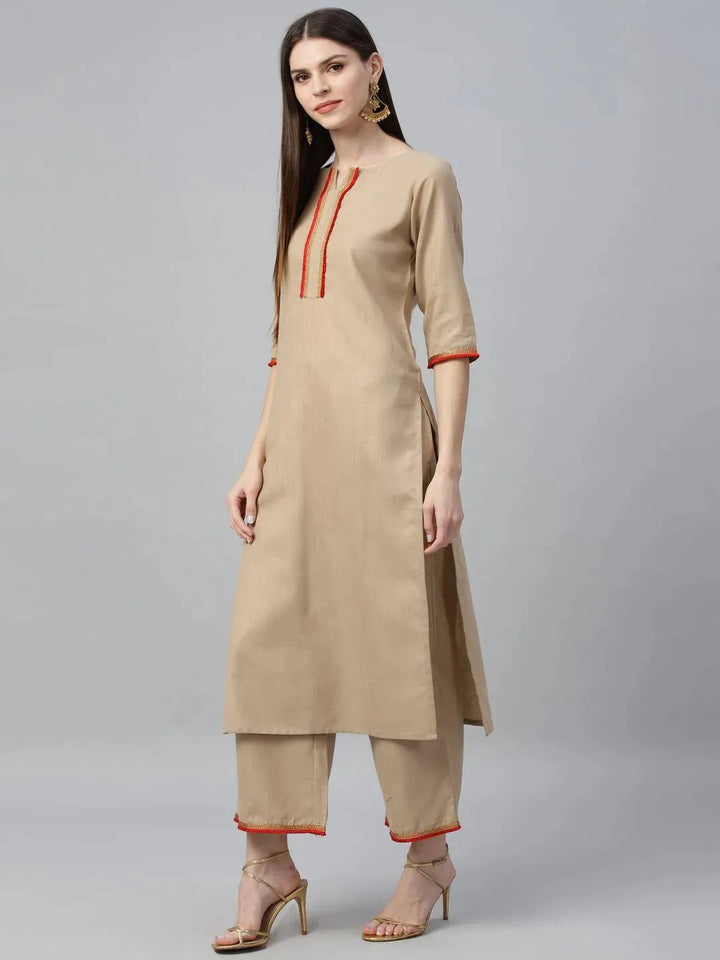 Beige Solid Cotton Suit Set - Libas