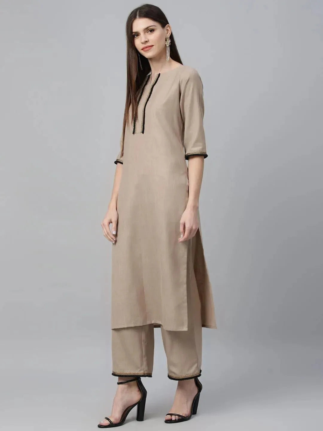 Beige Solid Cotton Suit Set - Libas 
