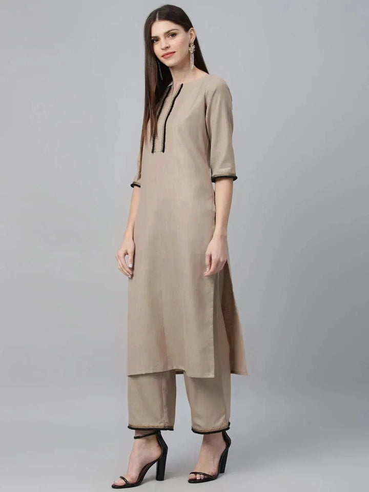 Beige Solid Cotton Suit Set - Libas