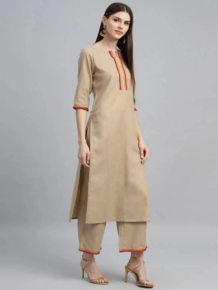 Beige Solid Cotton Suit Set - Libas