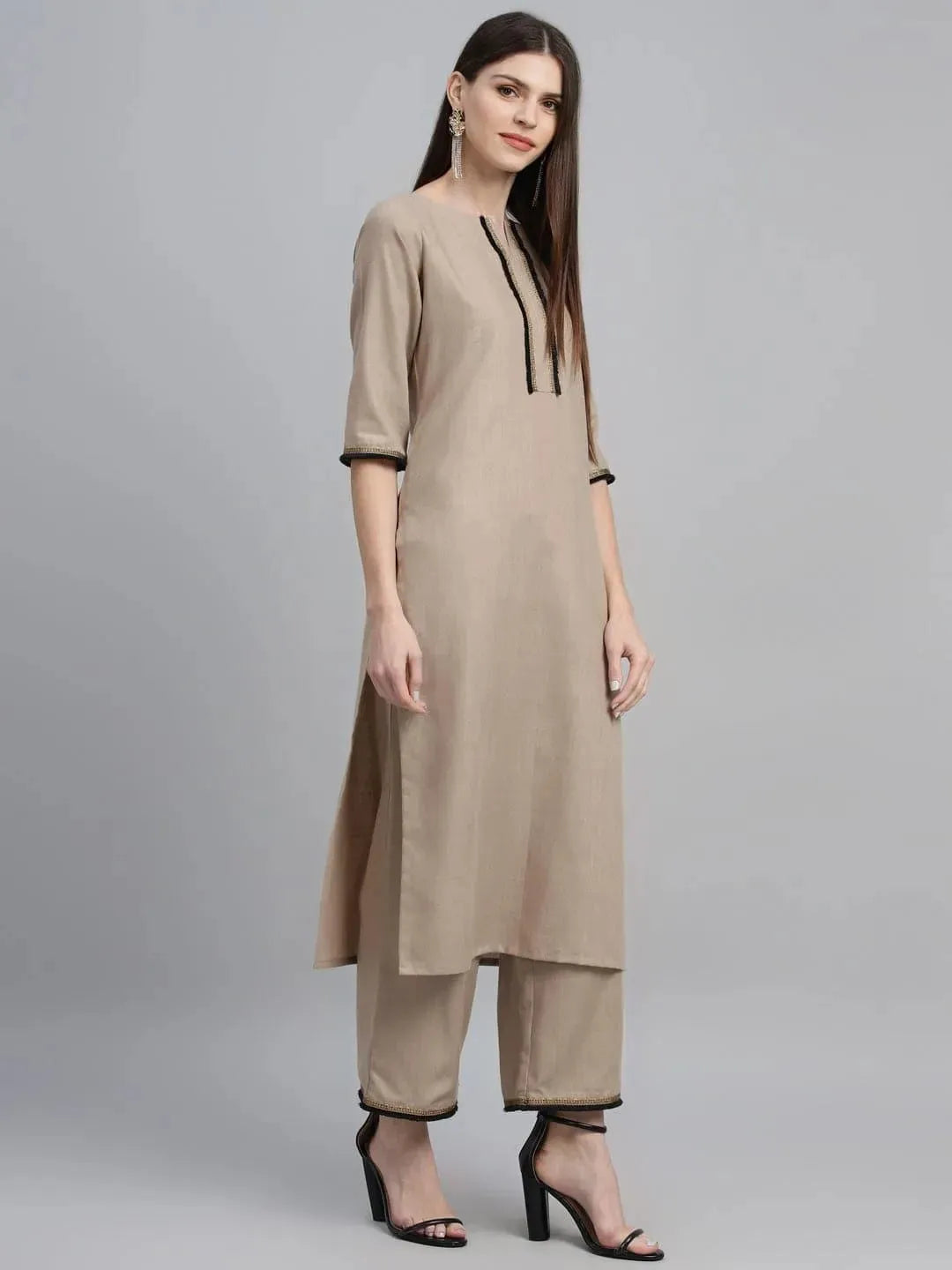 Beige Solid Cotton Suit Set - Libas 