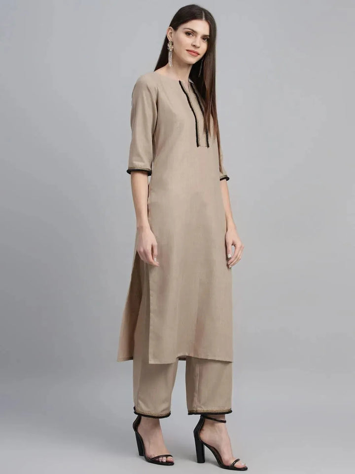 Beige Solid Cotton Suit Set - Libas