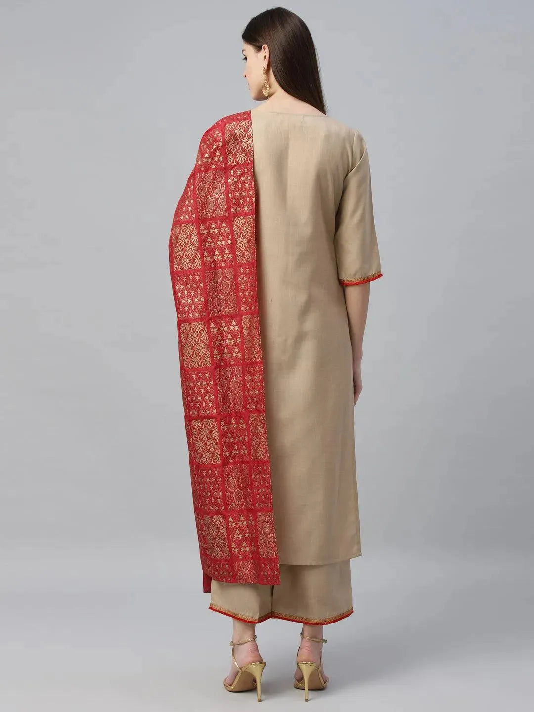 Beige Solid Cotton Suit Set - Libas 