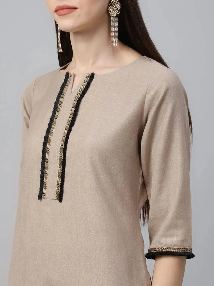 Beige Solid Cotton Suit Set - Libas